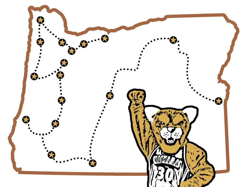 Oregon map with cougar mascot