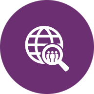 Social Sciences, Human Services + Criminal Justice EFA icon logo, a globe with a magnifying glass on it