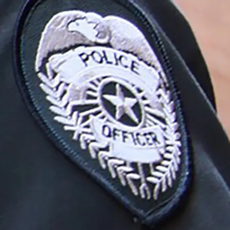A close-up of a police officer's badge on their shoulder.