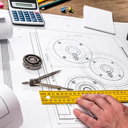 hands of a person using a computer while applying a ruler to a blueprint drawing