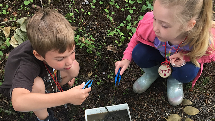 Two young children outdoors examine objects using tools from nature explorer kits