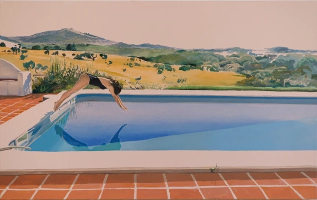 Painting depicting a swimmer diving into a pool with a mountain landscape in the background