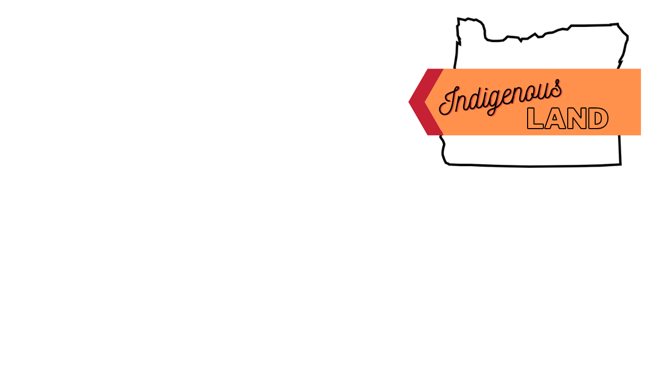 A white background with an outline of the state of Oregon to the top right and the phrase Indigenous Land in front of an orange and red arrow