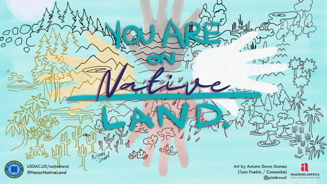 A minimalist map of different types of trees on different terrain behind the phrase You Are On Native Land in exaggerated font